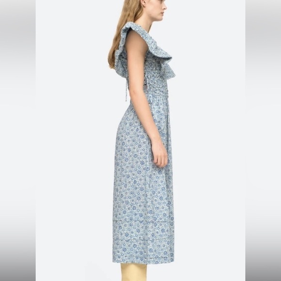 SEA NEW YORK blue floral long dress statement shoulder size small - Picture 3 of 15